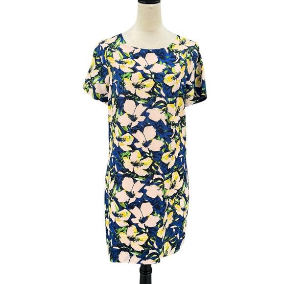 J. Crew Blue Blush Bold Floral Print Matte Satin Short Sleeve Career Shift Dress - Picture 1 of 9